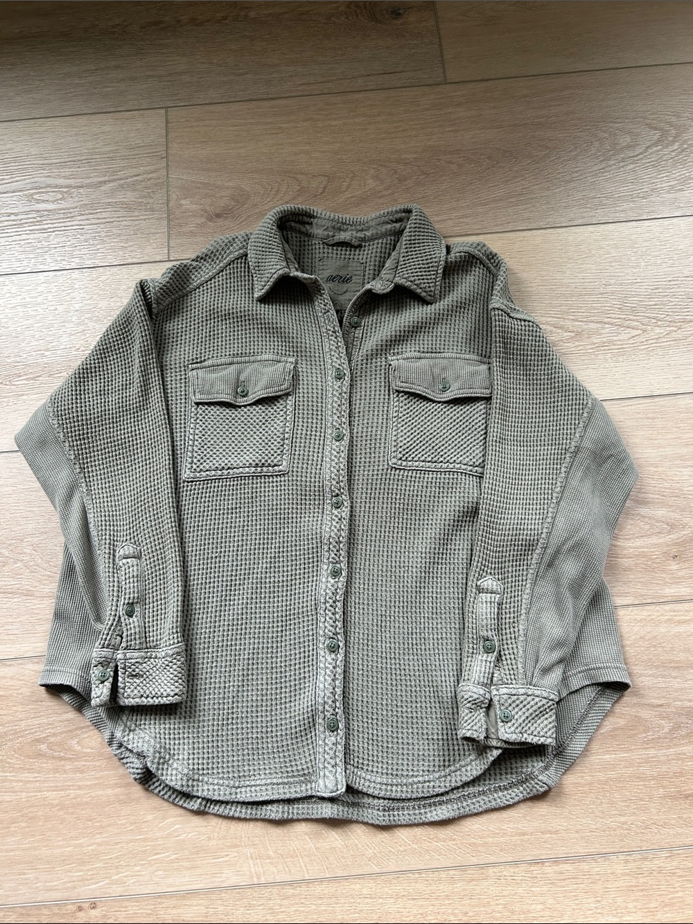 Aerie Waffle Knit Button-Up Shirt Jacket in Olive Green Lumberjane